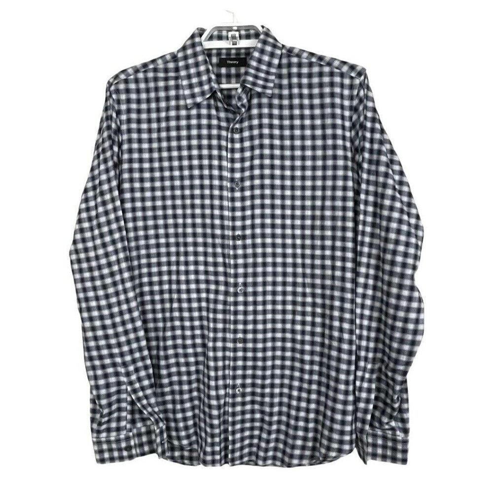 Theory Clean Shirt S Blue Gray Plaid Minimal Smart Casual Quiet Luxury Capsule